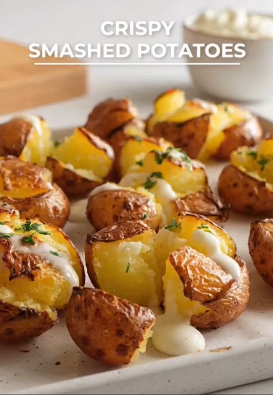 Crispy smashed potatoes on a tray, topped with a dollop of white sauce and chopped parsley.