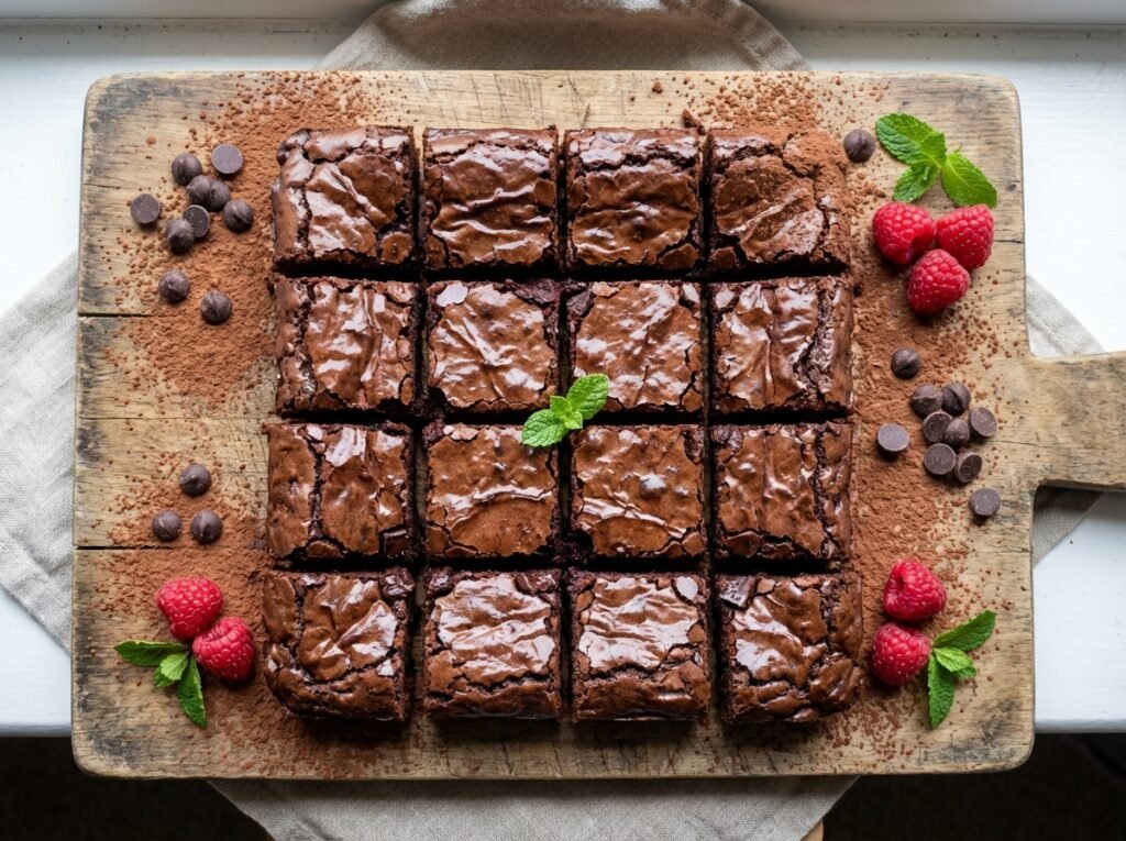 Grid of chocolate brownies on a wooden board, dusted with cocoa, with chocolate chips, raspberries, and mint nearby
